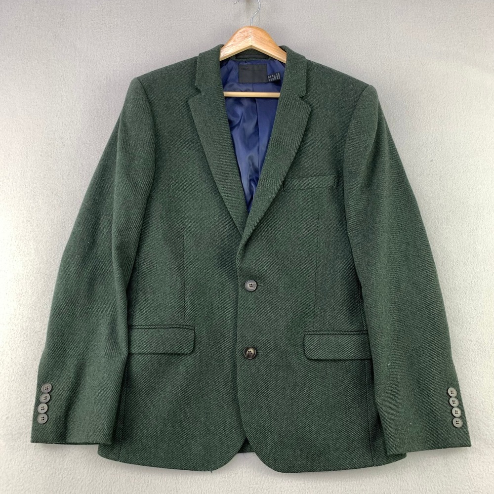 ASOS Tweed Blazer Jacket Mens 38 Short Green Two Button Sport Coat Wool Blend